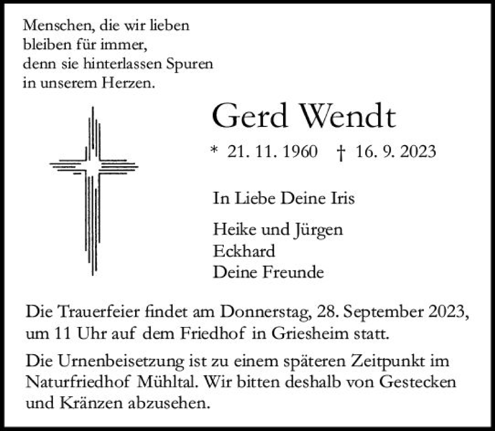  Traueranzeige für Gerd Wendt vom 23.09.2023 aus Darmstädter Echo