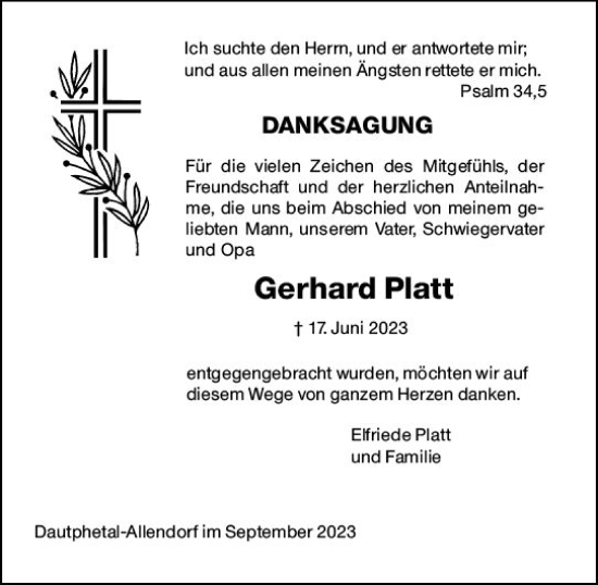 Traueranzeige von Gerhard Platt von Hinterländer Anzeiger