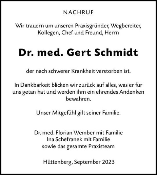 Traueranzeige von Gert Schmidt von Wetzlarer Neue Zeitung