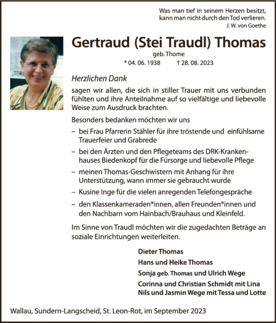 Traueranzeige von Gertraud Thomas von Hinterländer Anzeiger