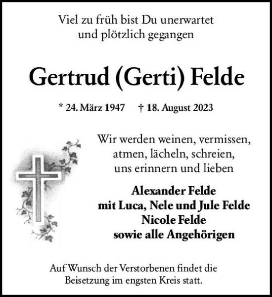 Traueranzeige von Gertrud  Felde von Wiesbadener Kurier