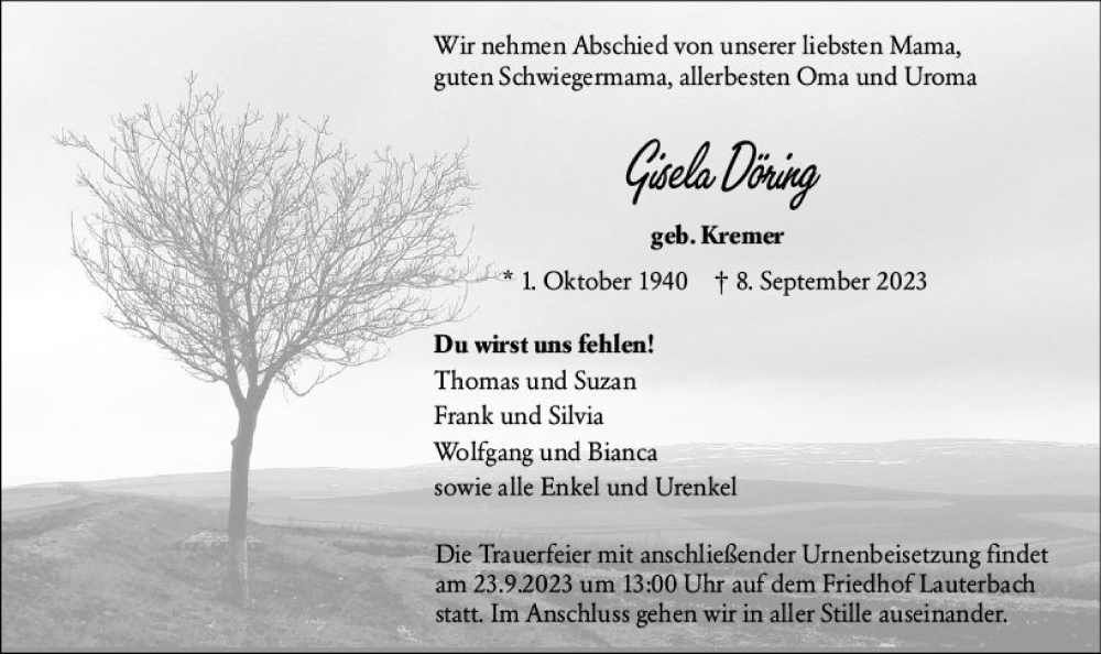  Traueranzeige für Gisela Döring vom 16.09.2023 aus VRM Trauer