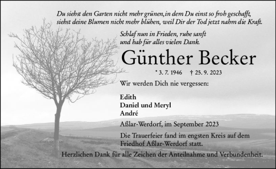 Traueranzeige von Günther Becker von Wetzlarer Neue Zeitung