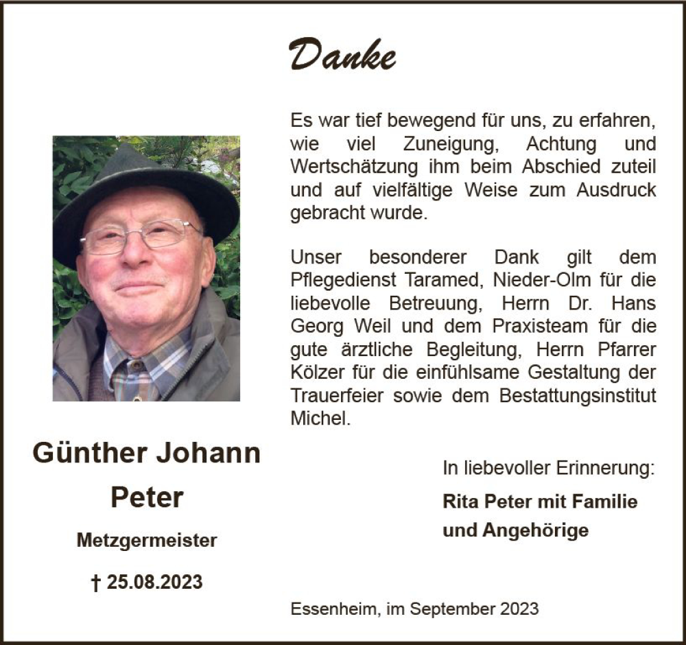  Traueranzeige für Günther Johann Peter vom 16.09.2023 aus Allgemeine Zeitung Mainz