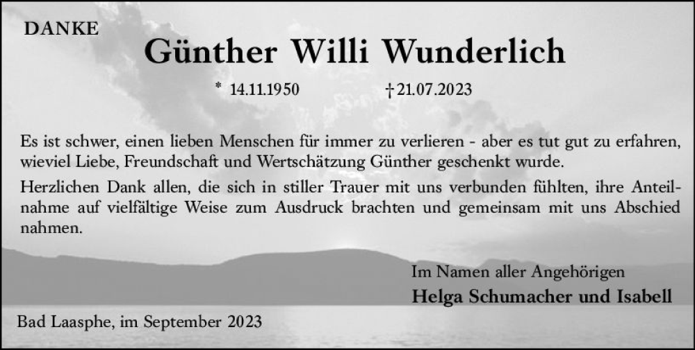  Traueranzeige für Günther Willi Wunderlich vom 02.09.2023 aus Hinterländer Anzeiger
