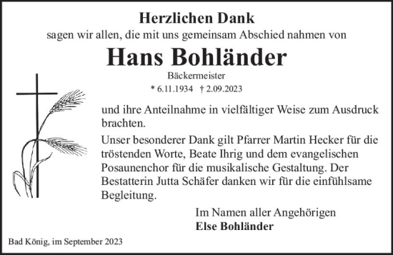 Traueranzeige von Hans Bohländer von Odenwälder Echo