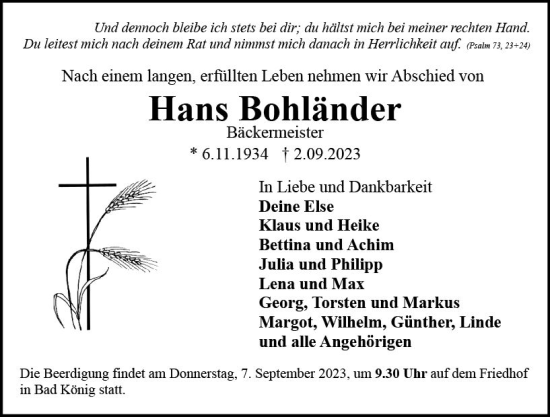 Traueranzeige von Hans Bohländer von Odenwälder Echo