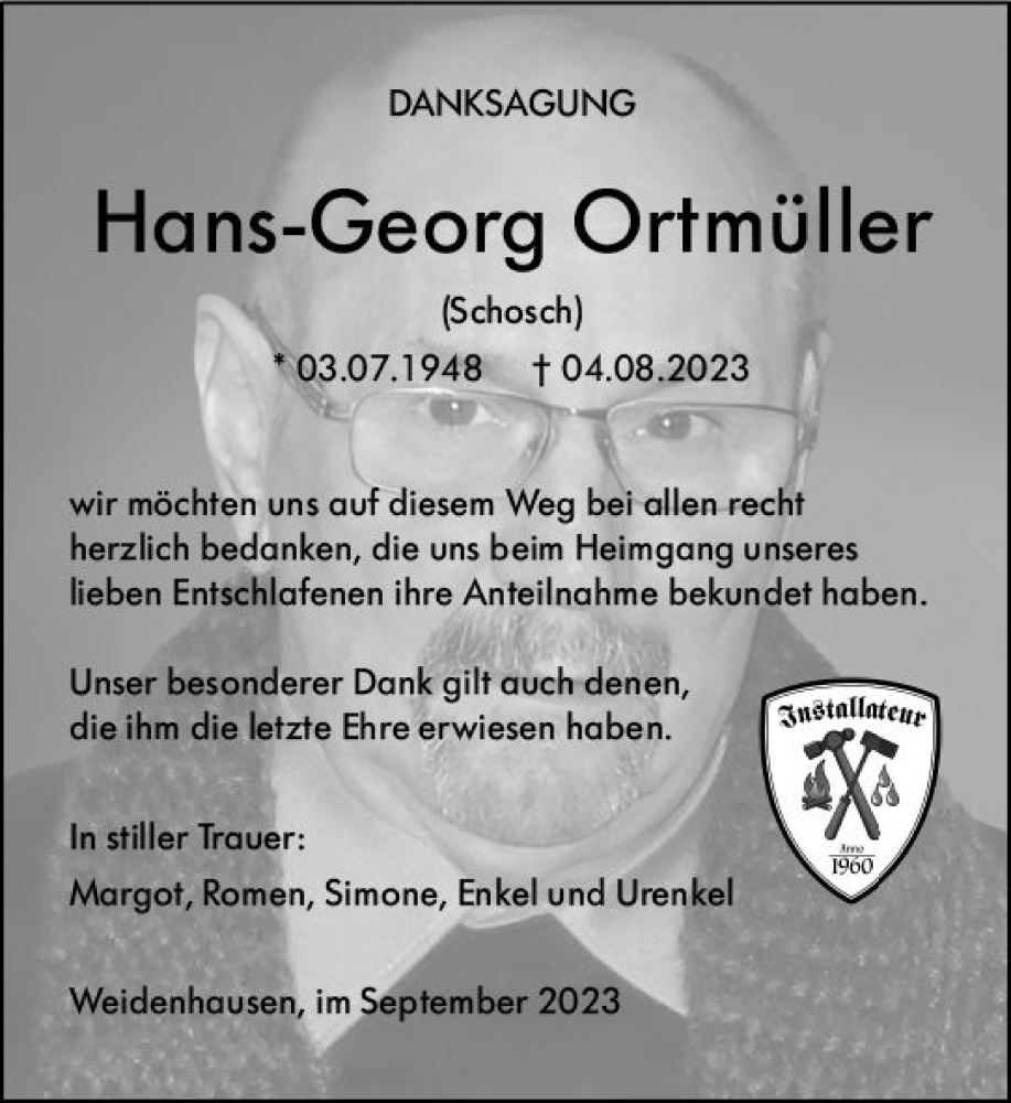  Traueranzeige für Hans-Georg Ortmüller vom 22.09.2023 aus Hinterländer Anzeiger