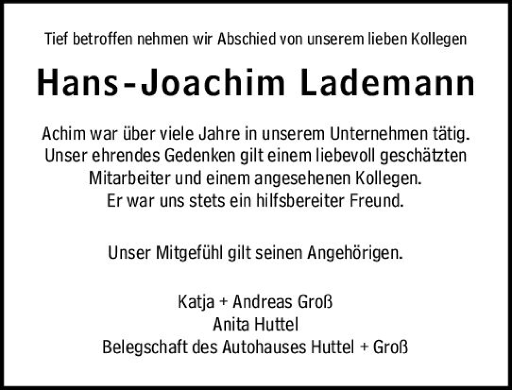  Traueranzeige für Hans-Joachim Lademann vom 07.09.2023 aus Wetzlarer Neue Zeitung