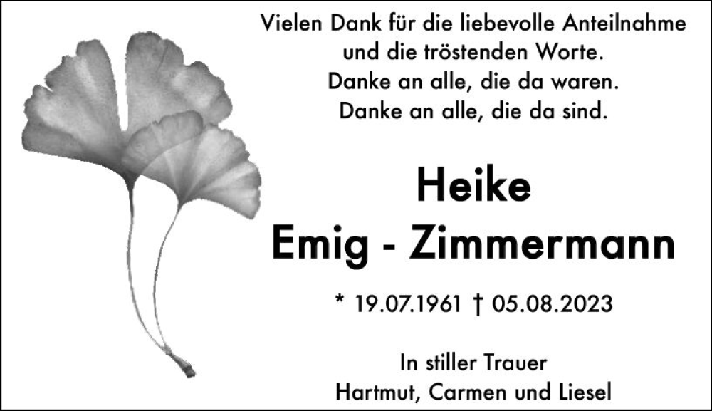  Traueranzeige für Heike Emig-Zimmermann vom 16.09.2023 aus Darmstädter Echo