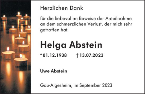 Traueranzeige von Helga Abstein von Allgemeine Zeitung Bingen/Ingelheim