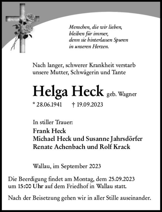 Traueranzeige von Helga Heck von Hinterländer Anzeiger