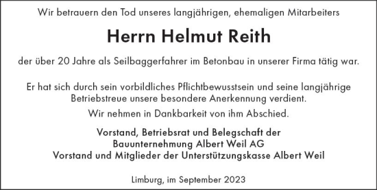 Traueranzeige von Helmut Reith von Nassauische Neue Presse