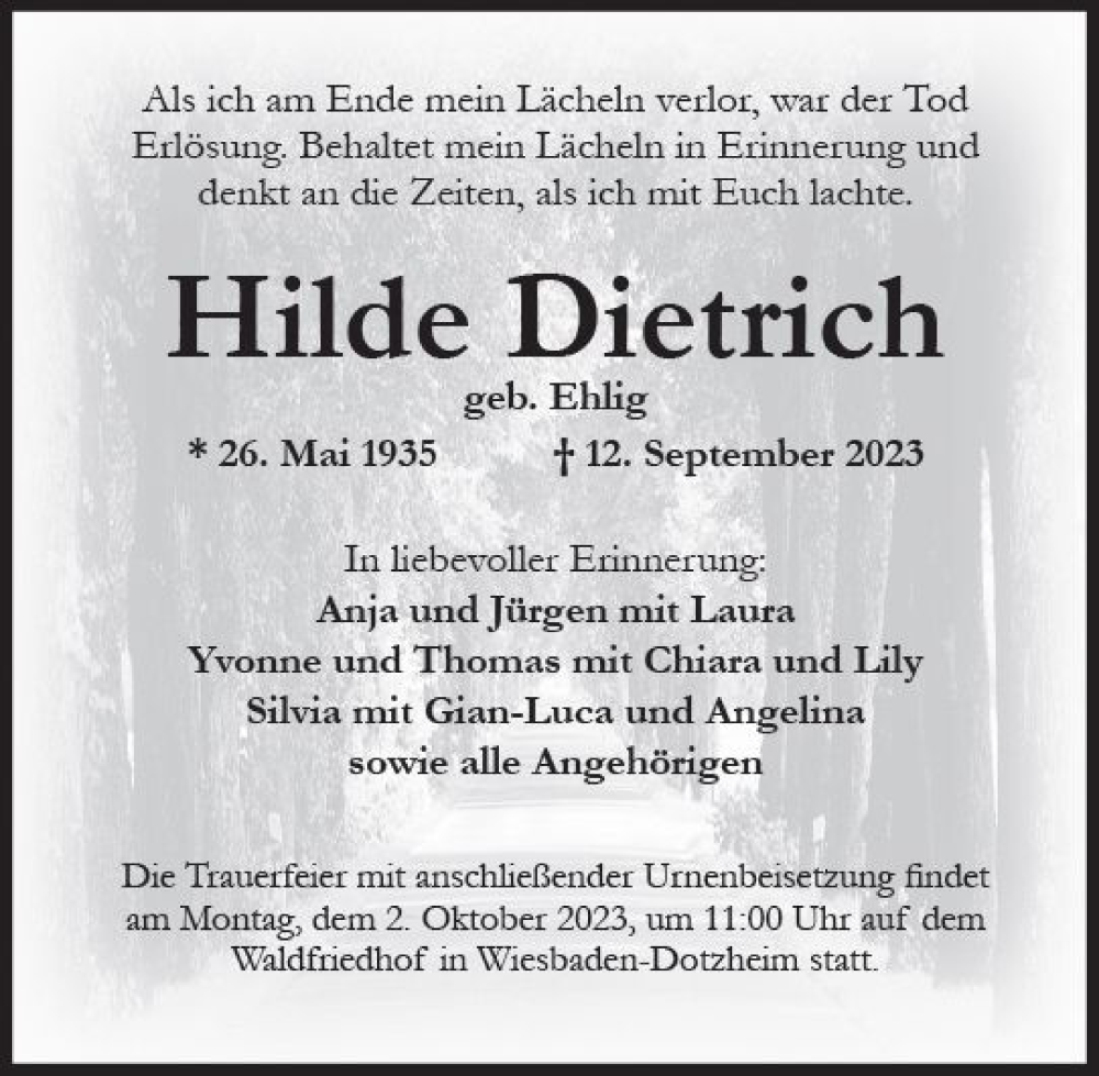  Traueranzeige für Hilde Dietrich vom 23.09.2023 aus Wiesbadener Kurier