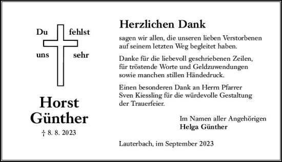 Traueranzeige von Horst Günther von Oberhessen Kurier