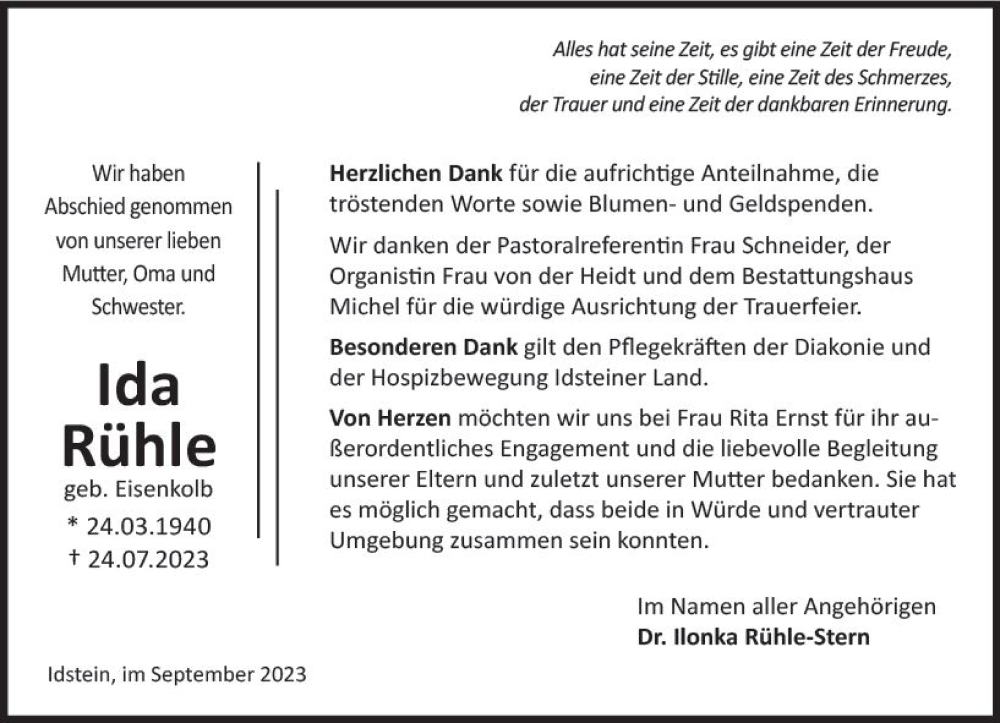  Traueranzeige für Ida Rühle vom 23.09.2023 aus Idsteiner Land/Untertaunus