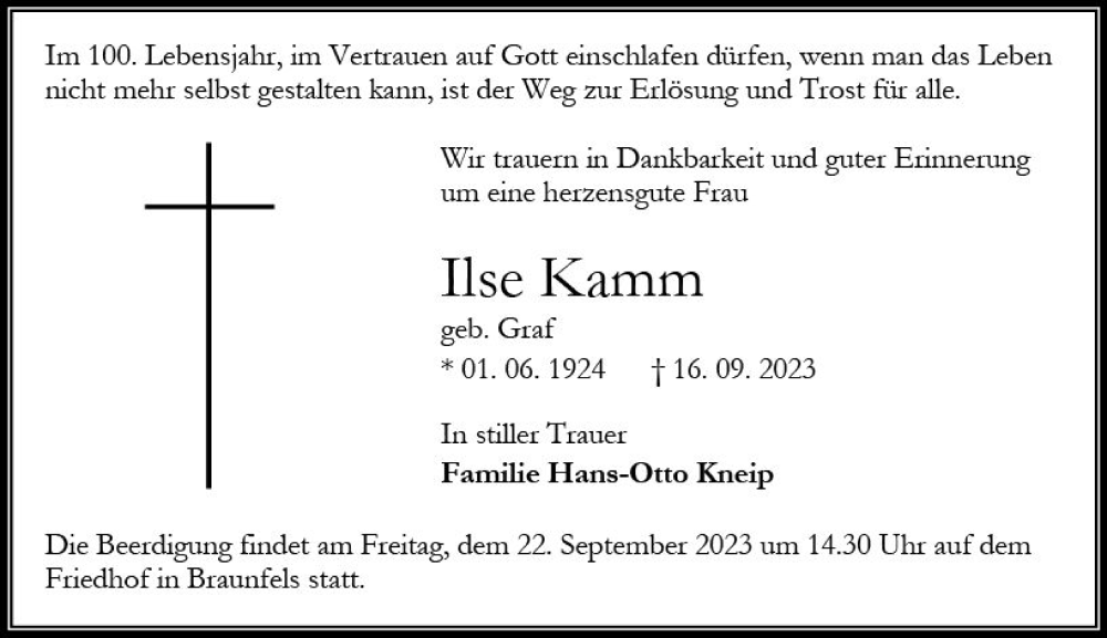  Traueranzeige für Ilse Kamm vom 20.09.2023 aus Wetzlarer Neue Zeitung