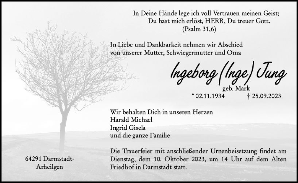  Traueranzeige für Ingeborg Jung vom 30.09.2023 aus Darmstädter Echo