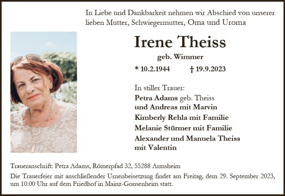  Traueranzeige für Irene Theiss vom 23.09.2023 aus Allgemeine Zeitung Mainz