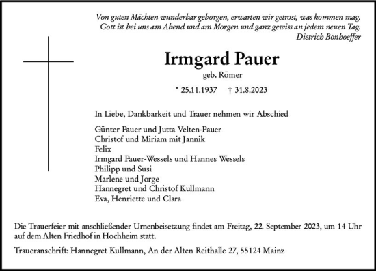 Traueranzeige von Irmgard Pauer von Hochheimer Zeitung