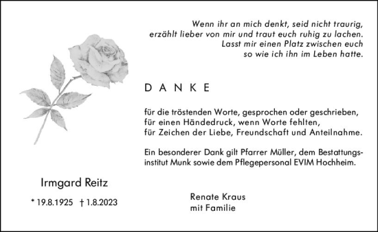 Traueranzeige von Irmgard Reitz von Hochheimer Zeitung