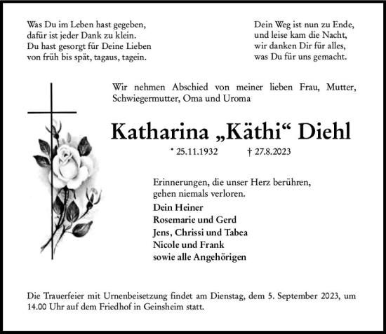 Traueranzeige von Katharina Diehl von Groß-Gerauer Echo