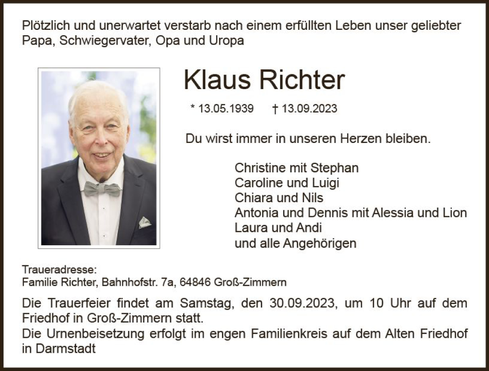  Traueranzeige für Klaus Richter vom 23.09.2023 aus Darmstädter Echo