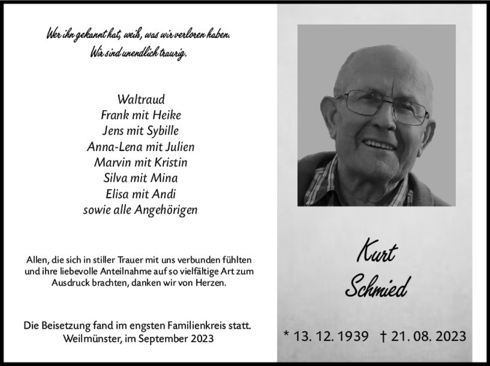  Traueranzeige für Kurt Schmied vom 12.09.2023 aus Weilburger Tageblatt