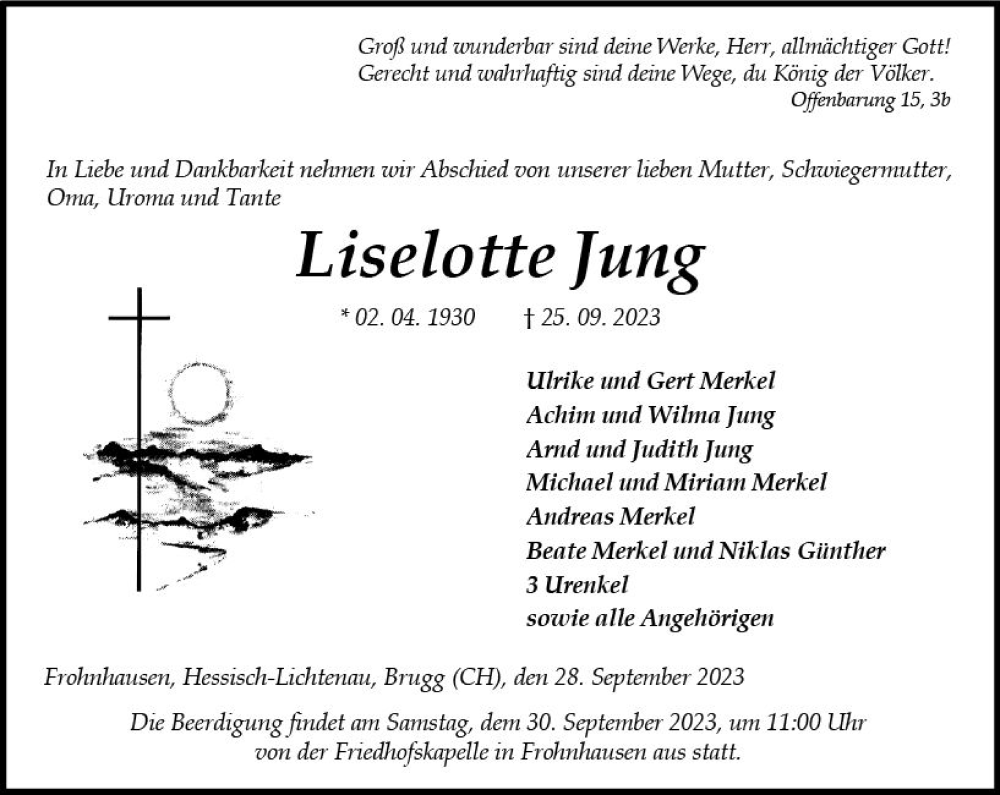  Traueranzeige für Liselotte Jung vom 28.09.2023 aus Dill Block