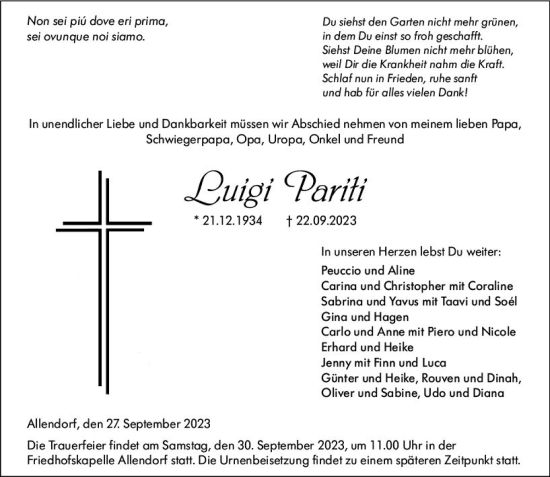 Traueranzeige von Luigi Pariti von Dill Block