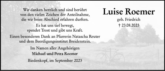 Traueranzeige von Luise Roemer von Hinterländer Anzeiger