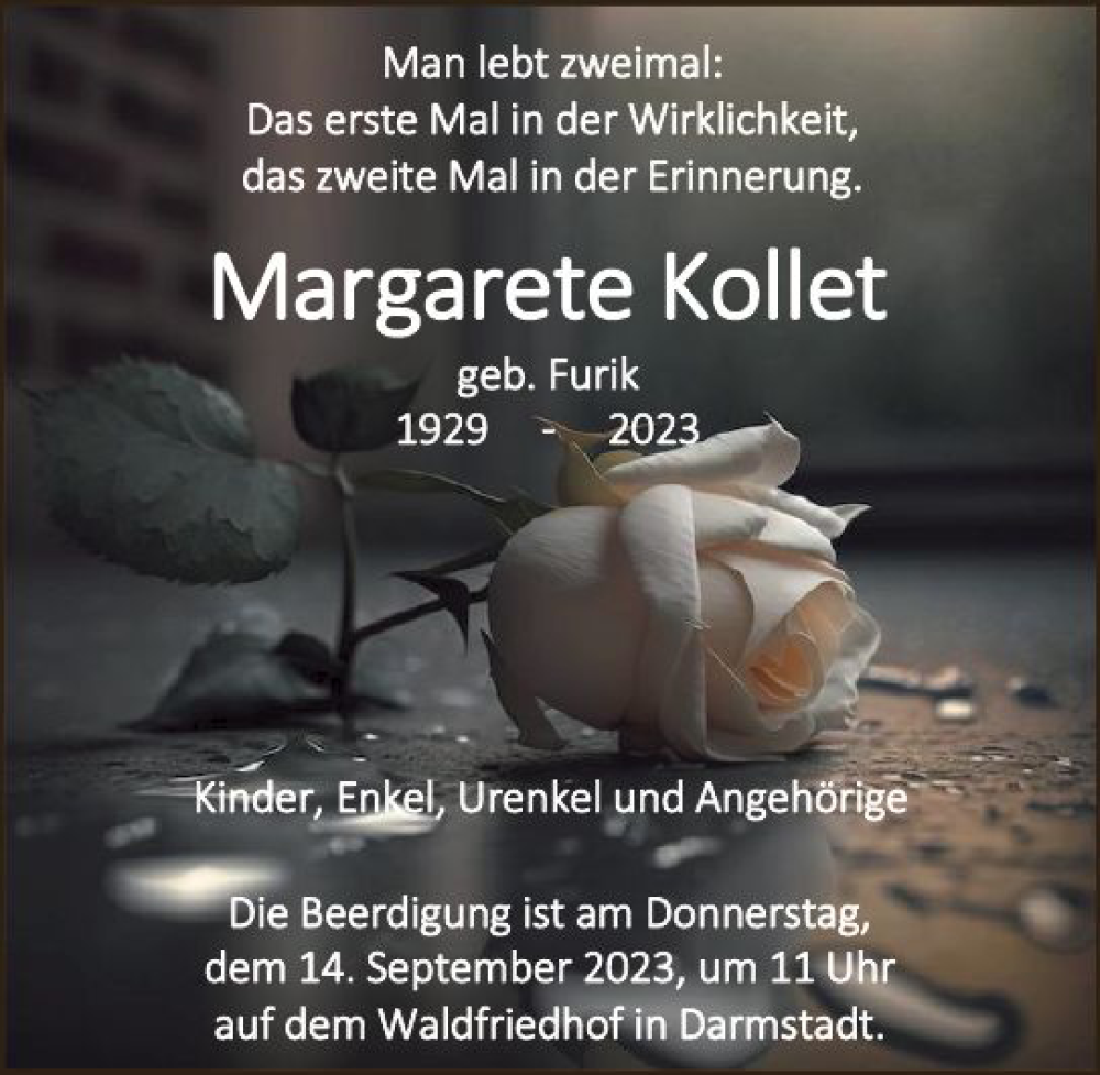  Traueranzeige für Margarete Kollet vom 09.09.2023 aus Darmstädter Echo