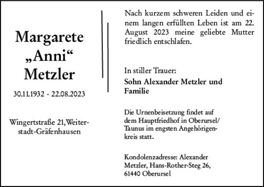  Traueranzeige für Margarete Metzler vom 06.09.2023 aus Darmstädter Echo