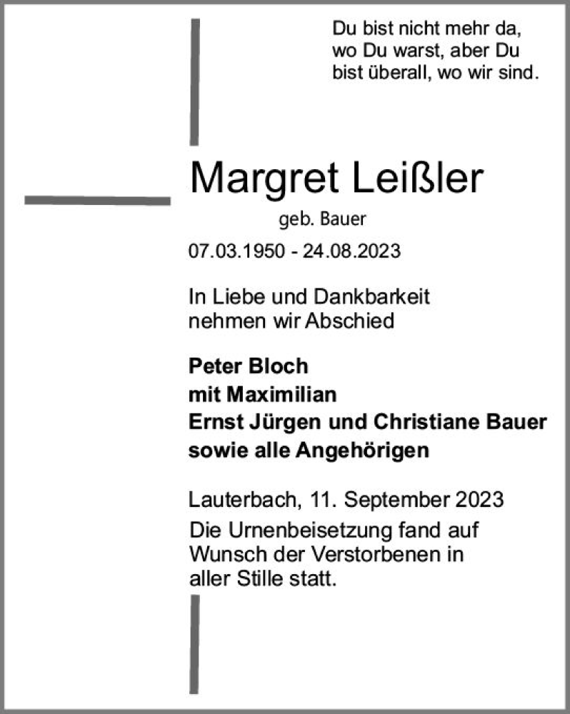  Traueranzeige für Margret Leißler vom 11.09.2023 aus VRM Trauer