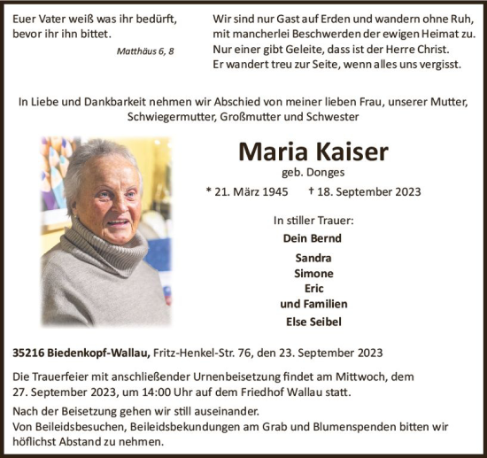 Traueranzeige von Maria Kaiser von Hinterländer Anzeiger