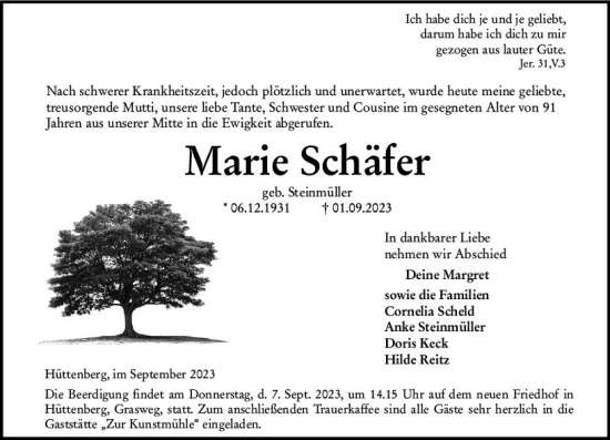 Traueranzeige von Marie Schäfer von Wetzlarer Neue Zeitung