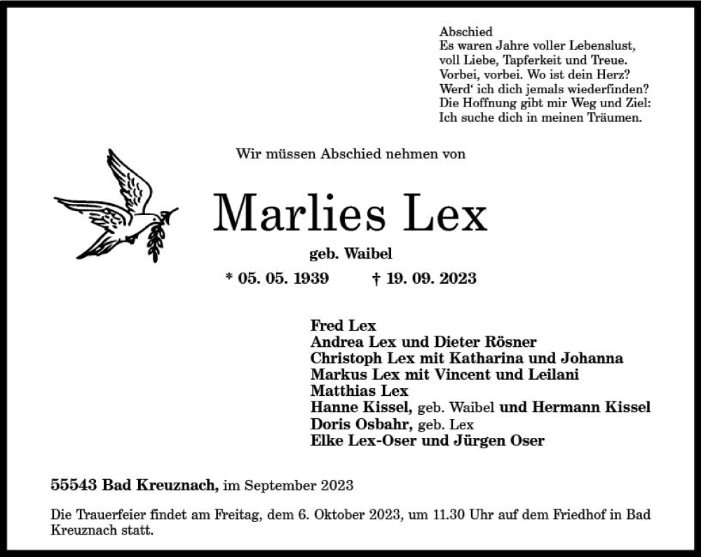  Traueranzeige für Marlies Lex vom 23.09.2023 aus Allgemeine Zeitung Bad Kreuznach