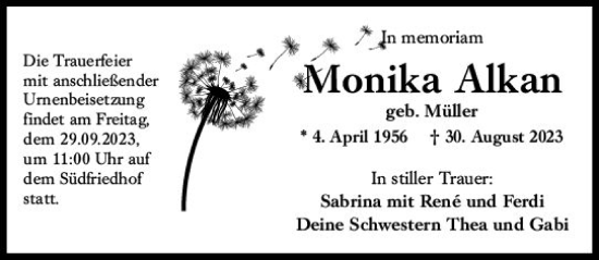 Traueranzeige von Monika Alkan von Wiesbadener Kurier