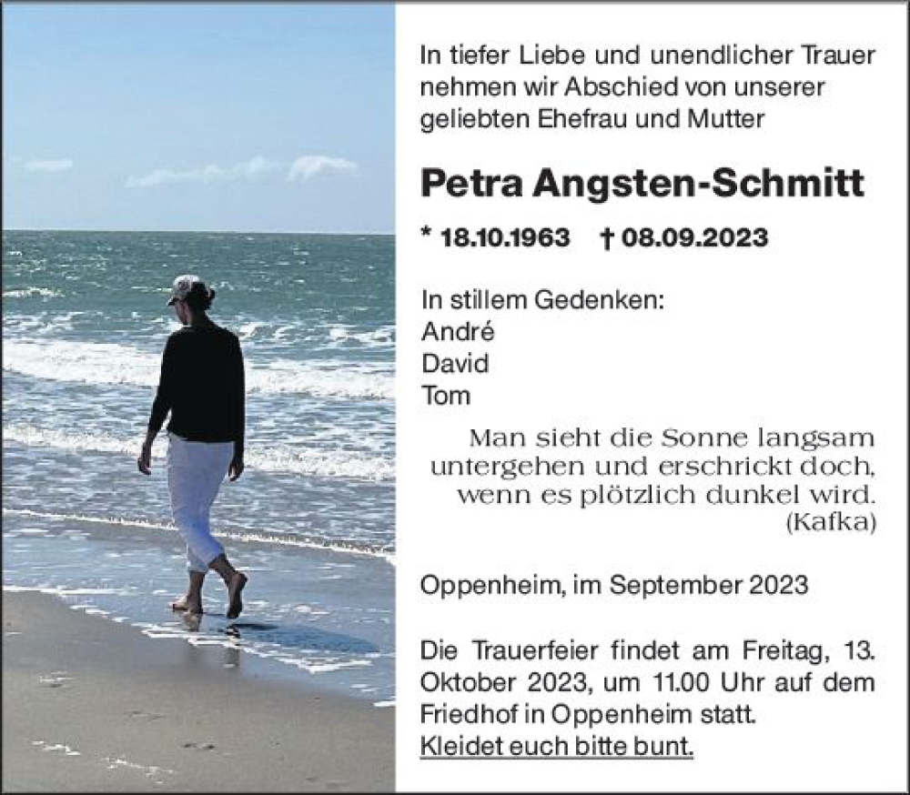  Traueranzeige für Petra Angsten-Schmitt vom 21.09.2023 aus Allgemeine Zeitung Mainz