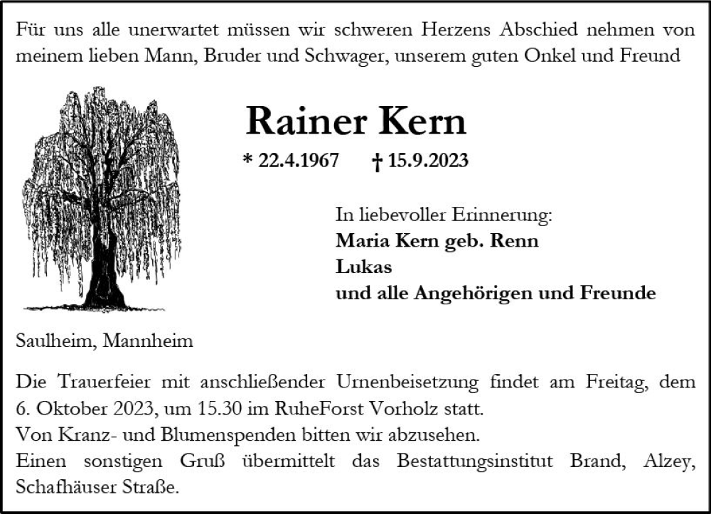  Traueranzeige für Rainer Kern vom 23.09.2023 aus Allgemeine Zeitung Alzey