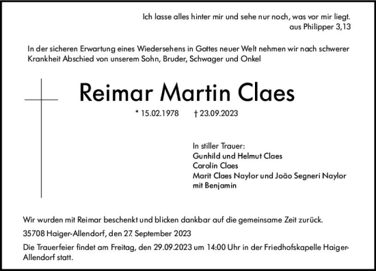 Traueranzeige von Reimar Martin Claes von Dill Block