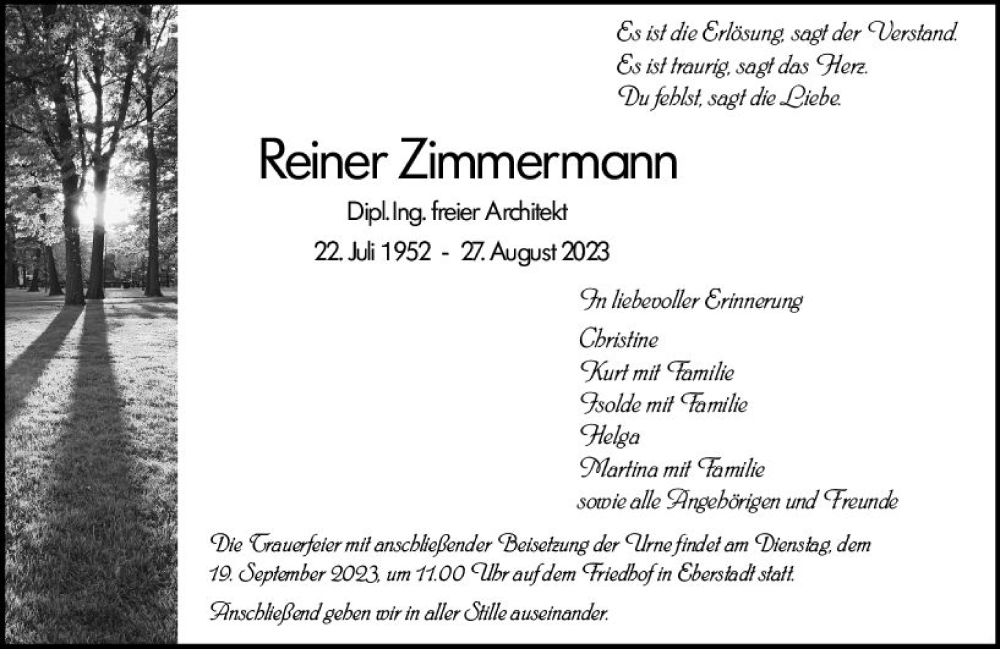  Traueranzeige für Reiner Zimmermann vom 09.09.2023 aus Darmstädter Echo