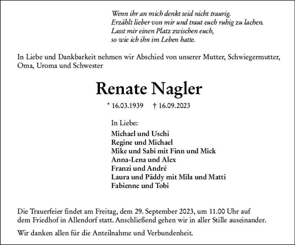  Traueranzeige für Renate Nagler vom 26.09.2023 aus Wetzlarer Neue Zeitung
