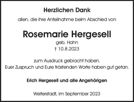 Traueranzeige von Rosemarie Hergesell von Darmstädter Echo