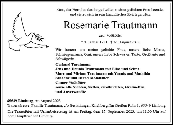 Traueranzeige von Rosemarie Trautmann von Nassauische Neue Presse