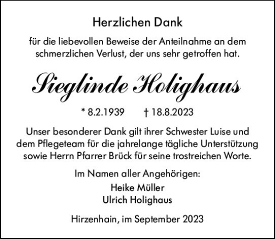 Traueranzeige von Sieglinde Holighaus von Dill Block