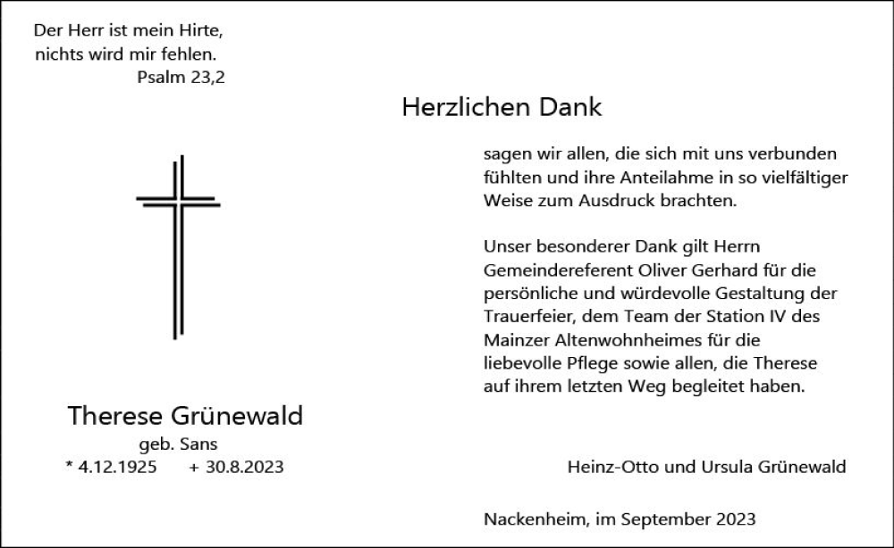  Traueranzeige für Therese Grünewald vom 23.09.2023 aus Allgemeine Zeitung Mainz
