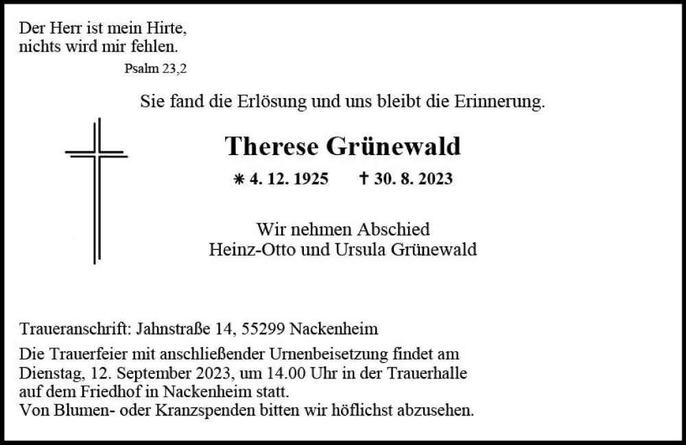  Traueranzeige für Therese Grünewald vom 09.09.2023 aus Allgemeine Zeitung Mainz