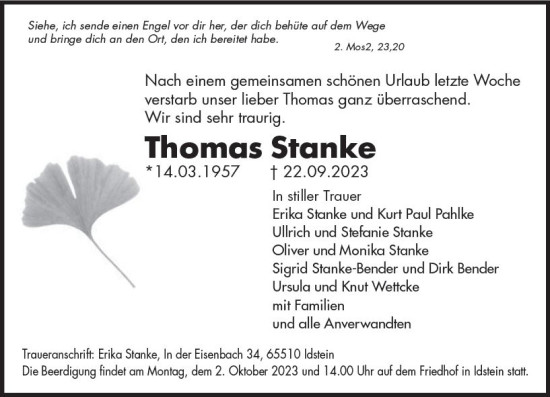 Traueranzeige von Thomas Stanke von Idsteiner Land/Untertaunus