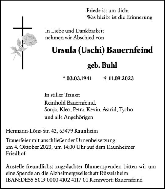 Traueranzeige von Ursula Bauernfeind von Rüsselsheimer Echo